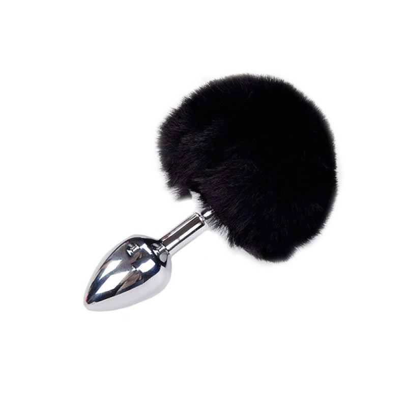 Plug Anale in Metallo con Pompon Nero FLUFFY S 7 x 3,2 cm Argento