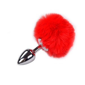 Plug Anale in Metallo con Pompon Rosso FLUFFY S 7 x 3,2 cm Argento