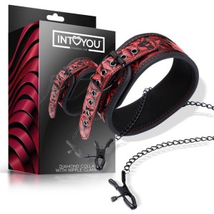 Collare in Pelle Vegana con Pinze Strizza Capezzoli Regolabili Diamond Line Rosso
